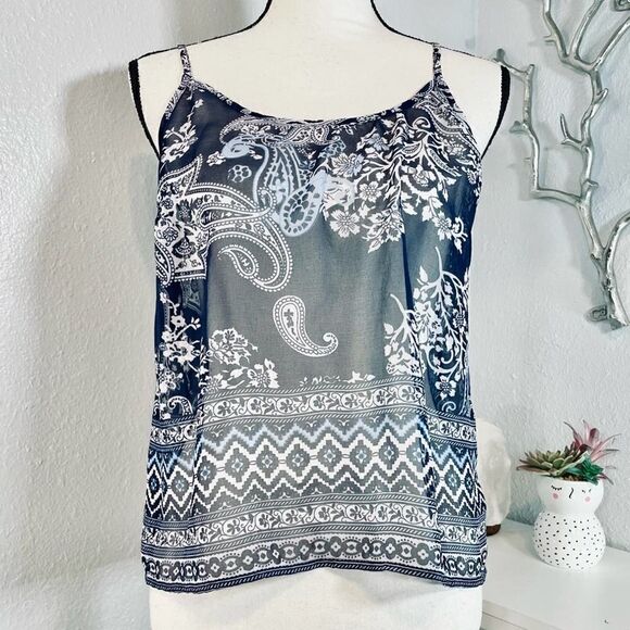 Patrons of Peace Paisley Sheer Sleeveless Blouse Blue White Medium - Picture 1 of 14